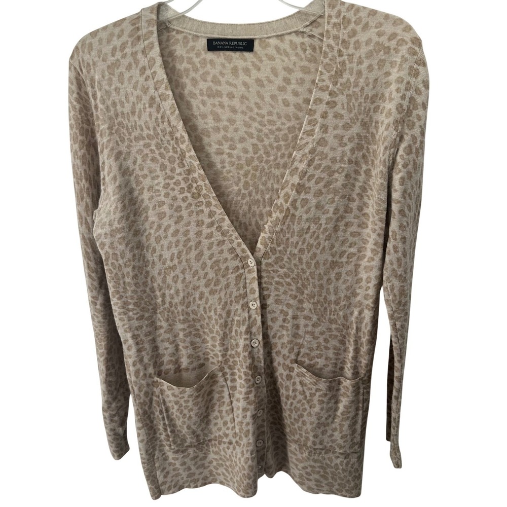 Banana Republic Y2K Leopard Print 100% Merino Wool V-Neck Cardigan Sweater Beige